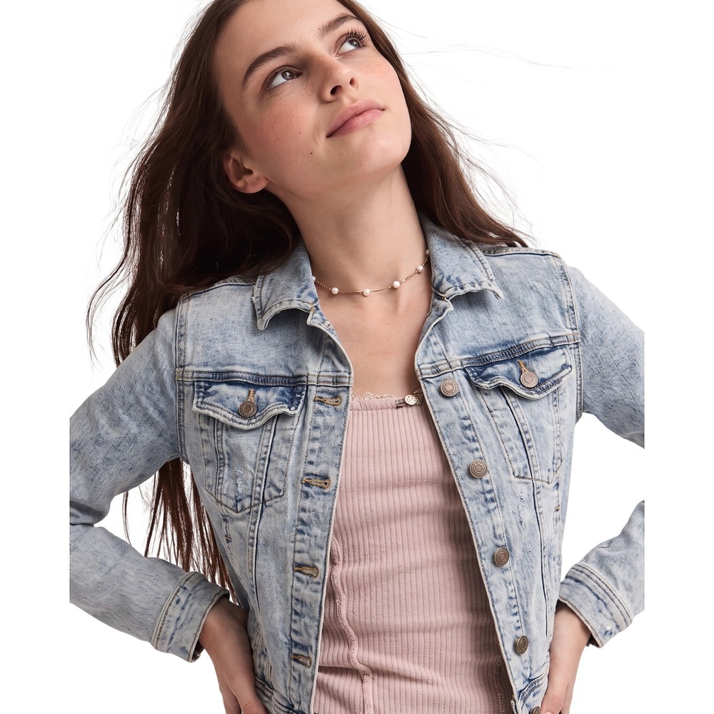Zara Women Light Blue Acid Wash Denim‎ Trucker Jacket Size XS Slim Fit Cotton